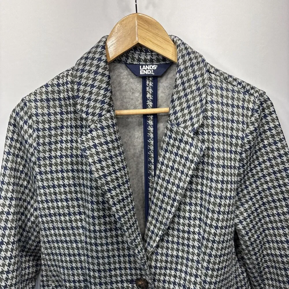 Lands’ End Knit Blazer M Petite Gray Houndstooth Blue Green One Button Career
